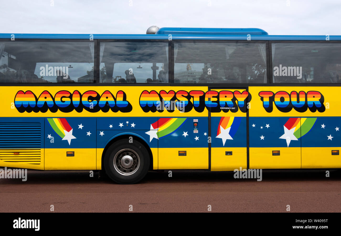 Colorful Liverpool tour bus named Magical Mystery Tour Stock Photo