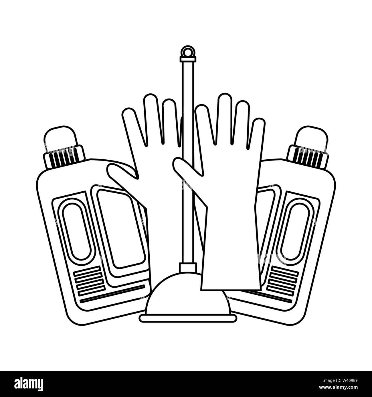 Set of cleaning equipment and products in black and white Stock Vector ...