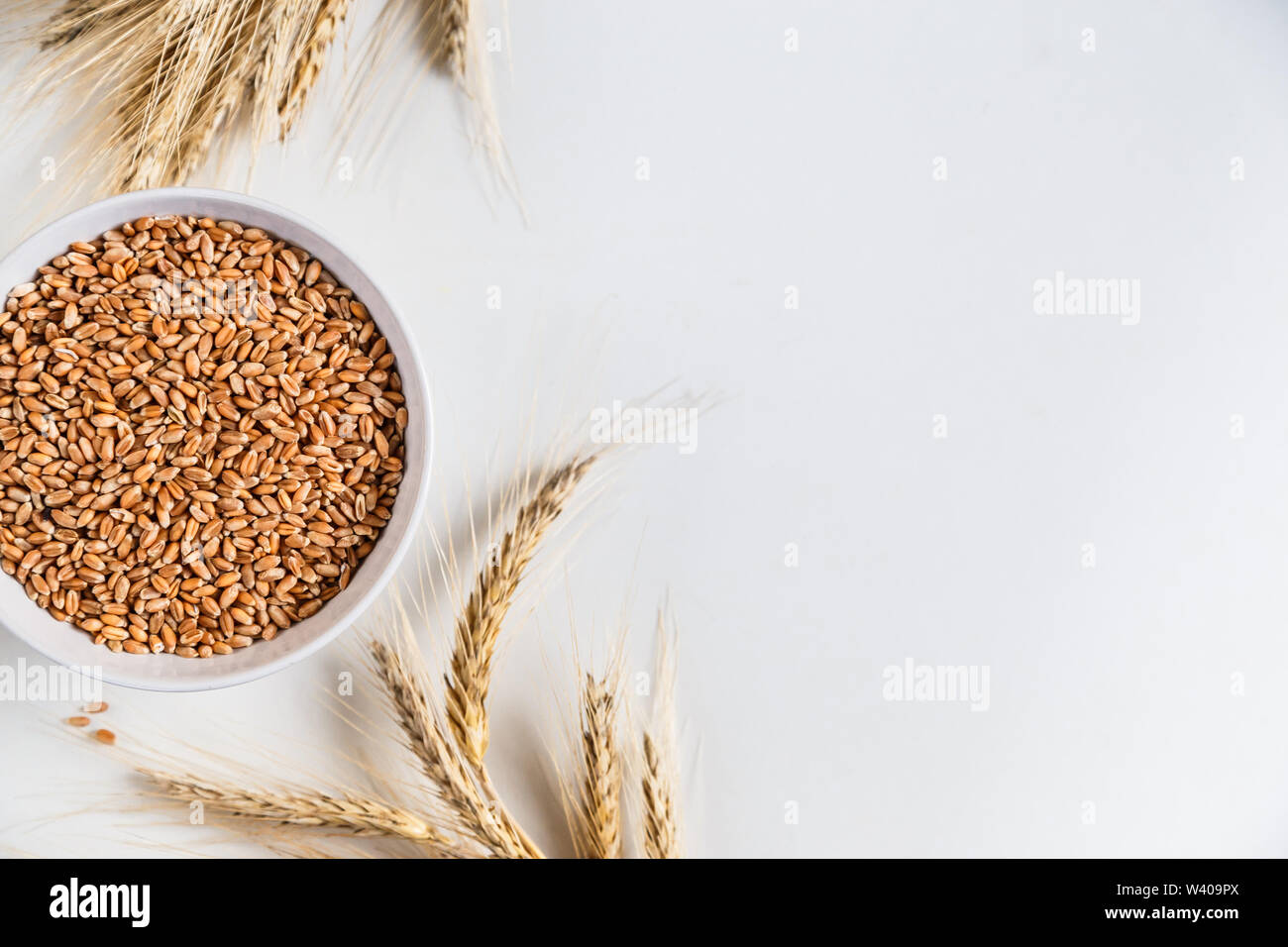 wheat ears and bowl of grains on white background, flat lay Stock Photo ...