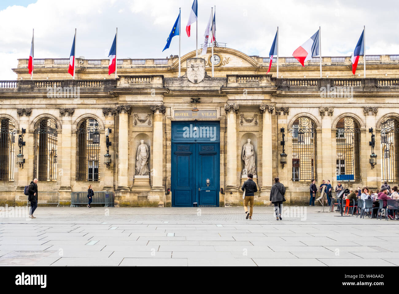 Bordeaux, France - May 5, 2019 : A Place Pey Berland in front of the City Hall with street cafes where people relax. Bordeaux, Aquitaine, France Stock Photo