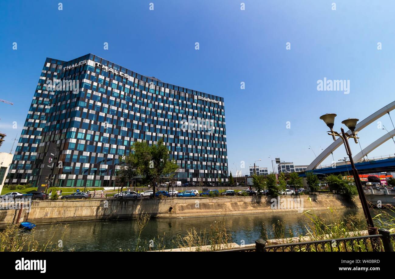 Bucharest, Romania - July 18, 2019: The Thales and Bitdefender logo are  seen on the top of the Orhideea Towers building, in Bucharest, Romania  Stock Photo - Alamy