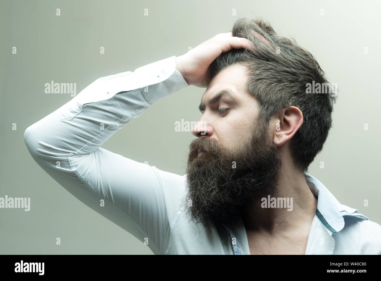 Beard styling and care product. Man brutal bearded hipster strict face  close up. Growing epic beard also means growing mustache. Trim and keep  natural Stock Photo - Alamy