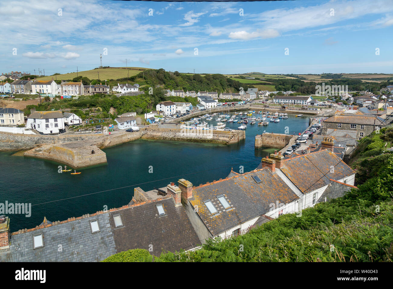 View looking down on the seaside harbour village of Porthleven in Cornwall, England. Stock Photo