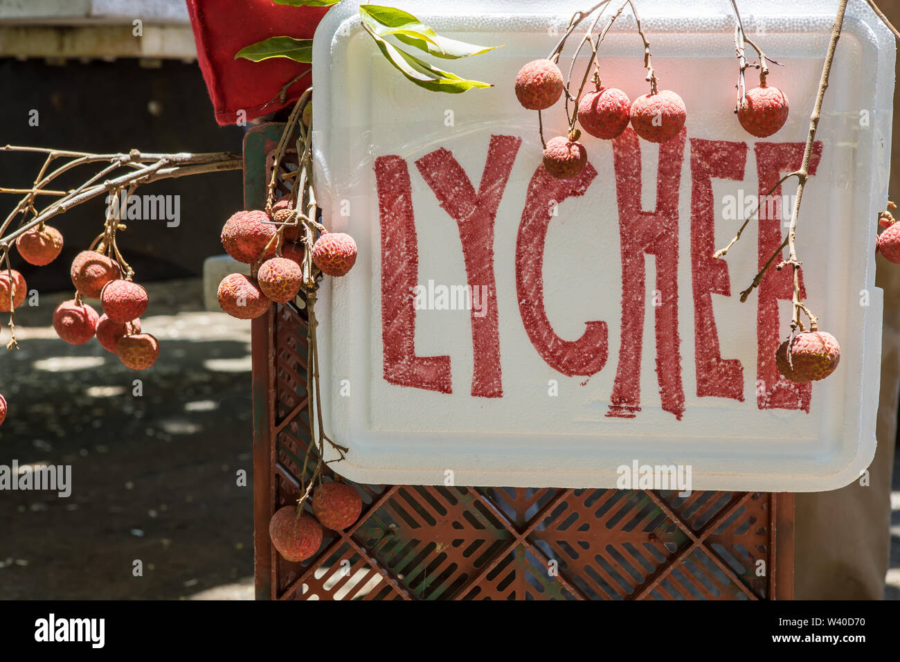 A vendor's lychee sign near the beach in Hilo, Hawaii Stock Photo - Alamy