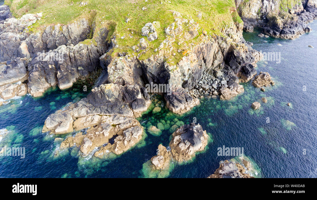 Aerial view of Cornish coastline with high cliffs, rocky shore near St Ives, Cornwall, south west England . Stock Photo