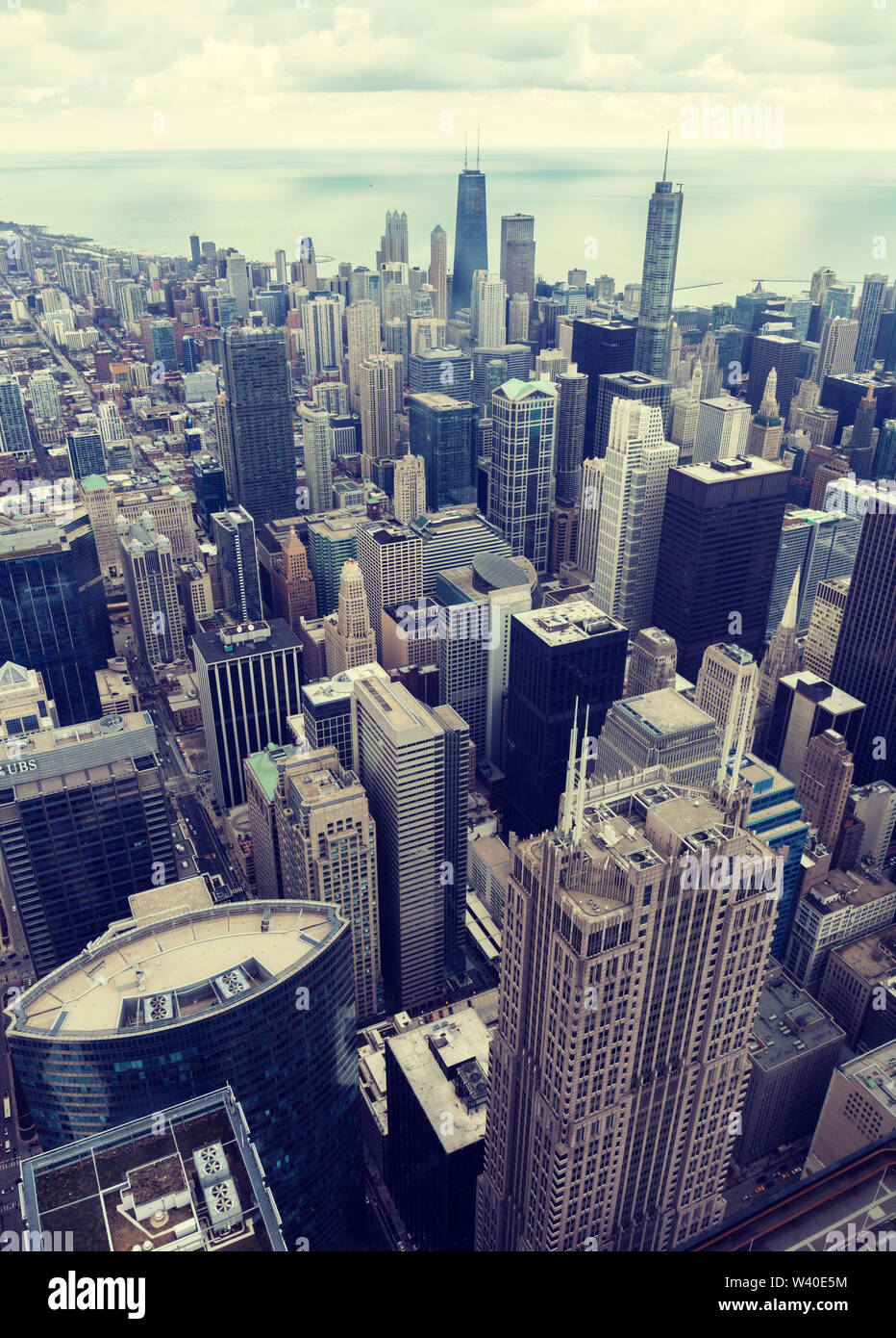 Chicago. Aerial view of Chicago downtown from high above. Superimposed