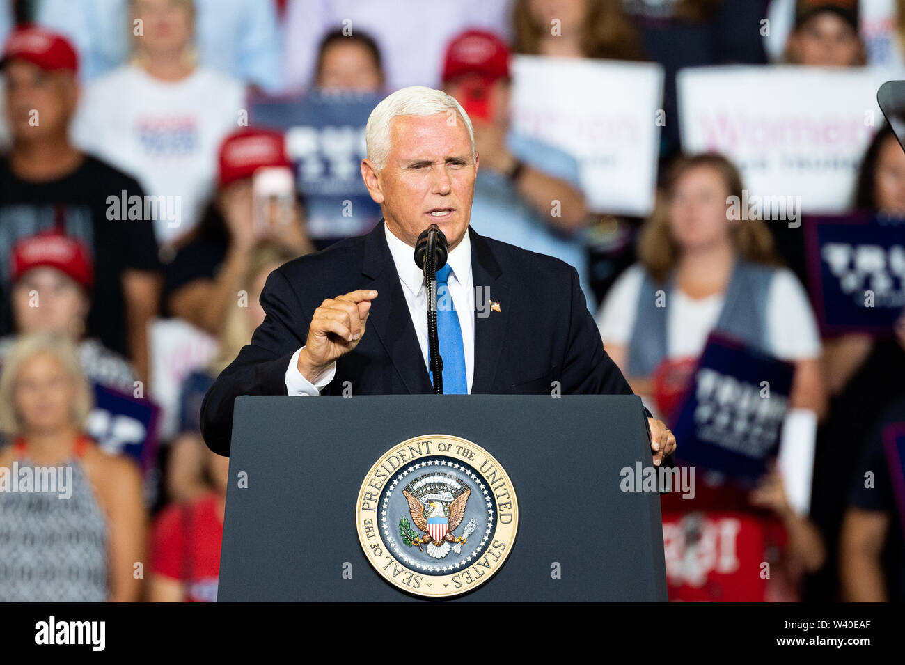 Vice President Mike Pence speaks during President Donald Trump’s Make America Great Again Rally at the Williams Arena in East Carolina University, Greenville. Stock Photo
