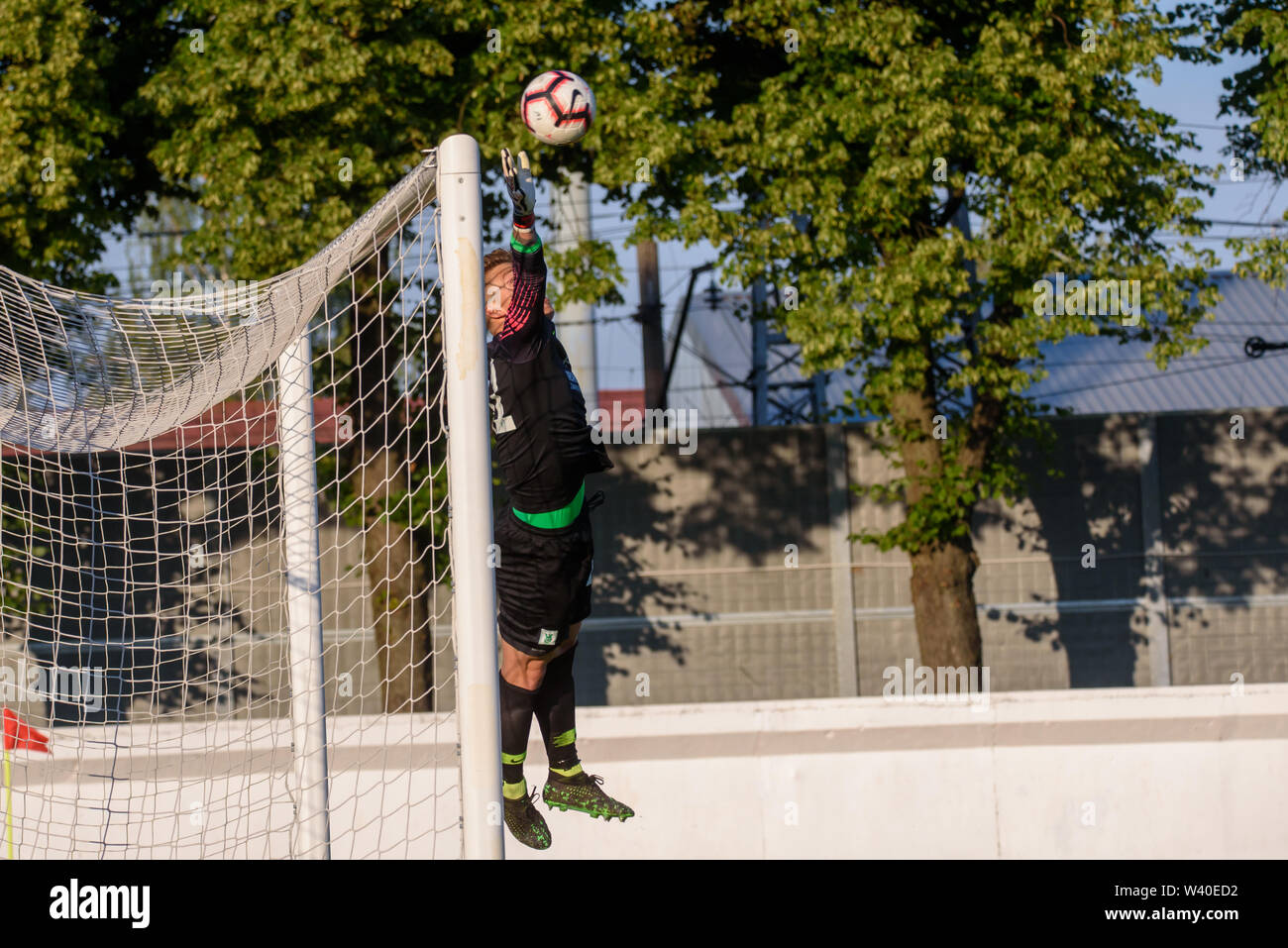 RIGA, LATVIA. 18th of July, 2019. Nejc Vidmar, goalkeeper of team Olimpija Ljubljana in action, during UEFA Europa League First Qualifying round game football game between RFS and  Olimpija Ljubljana. Daugava stadium, Riga. Stock Photo