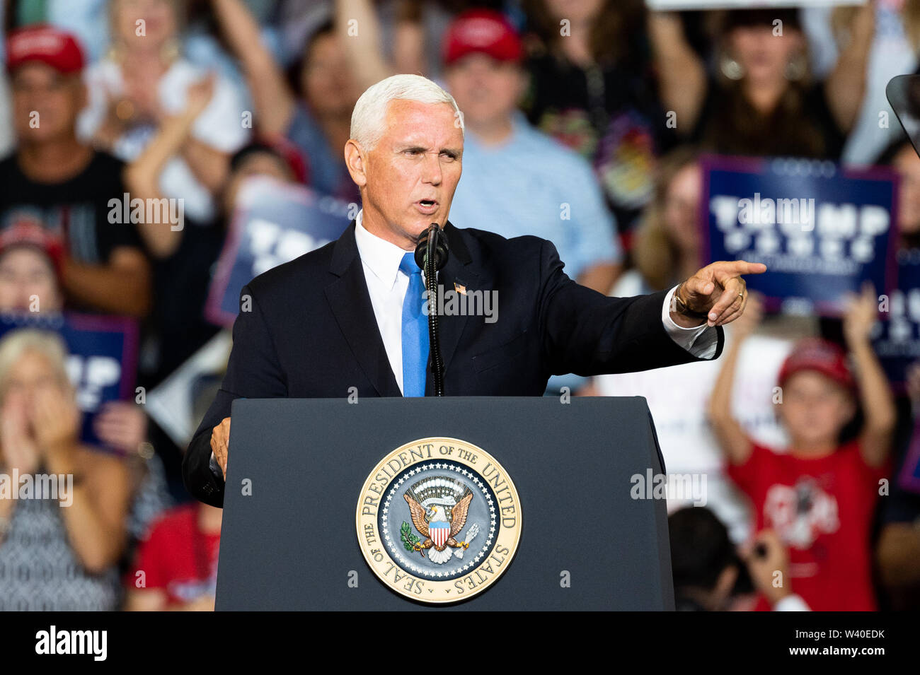 Vice President Mike Pence speaks during President Donald Trump’s Make America Great Again Rally at the Williams Arena in East Carolina University, Greenville. Stock Photo