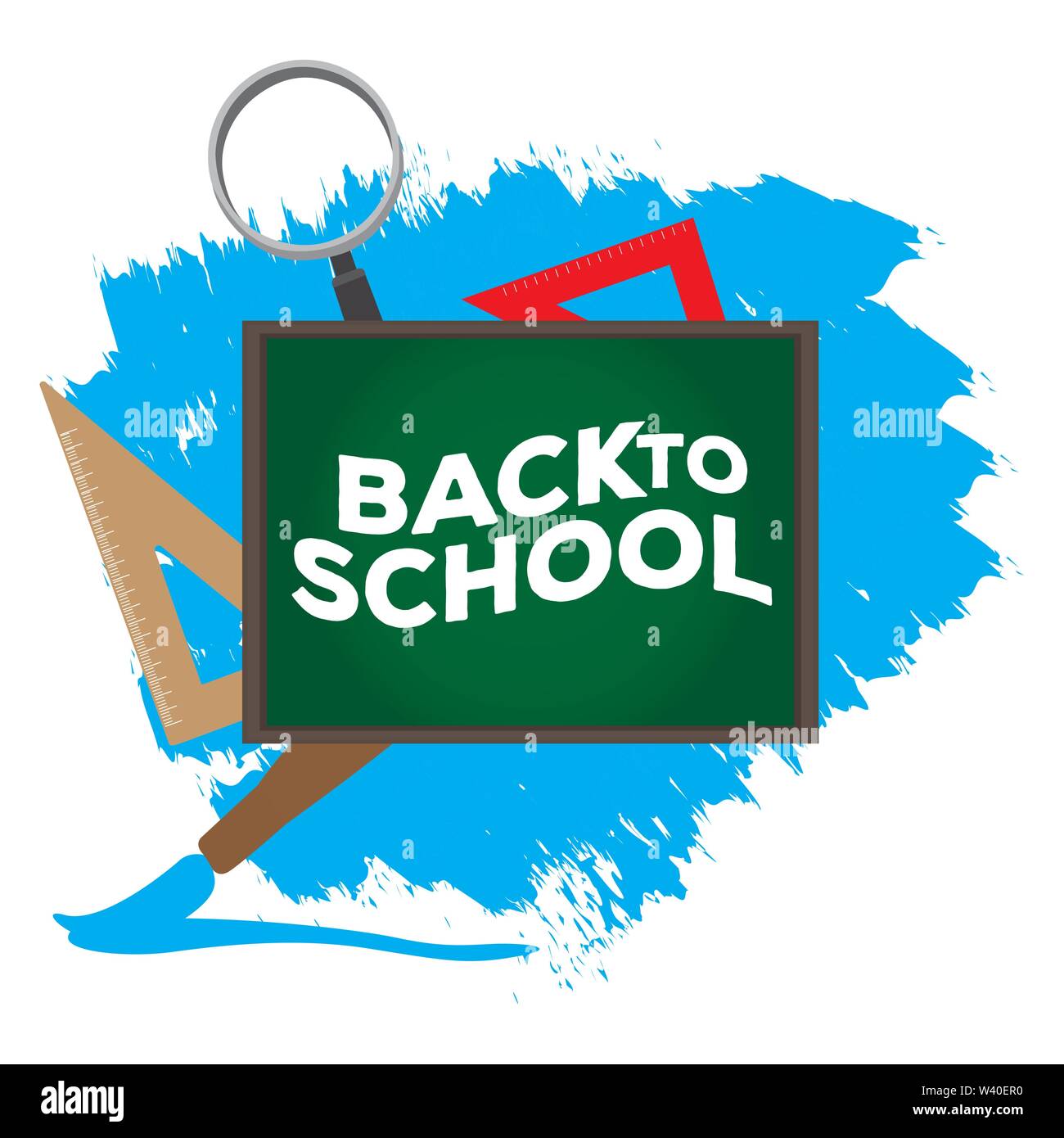 Chalkboard and different school supplies. Back to school banner ...