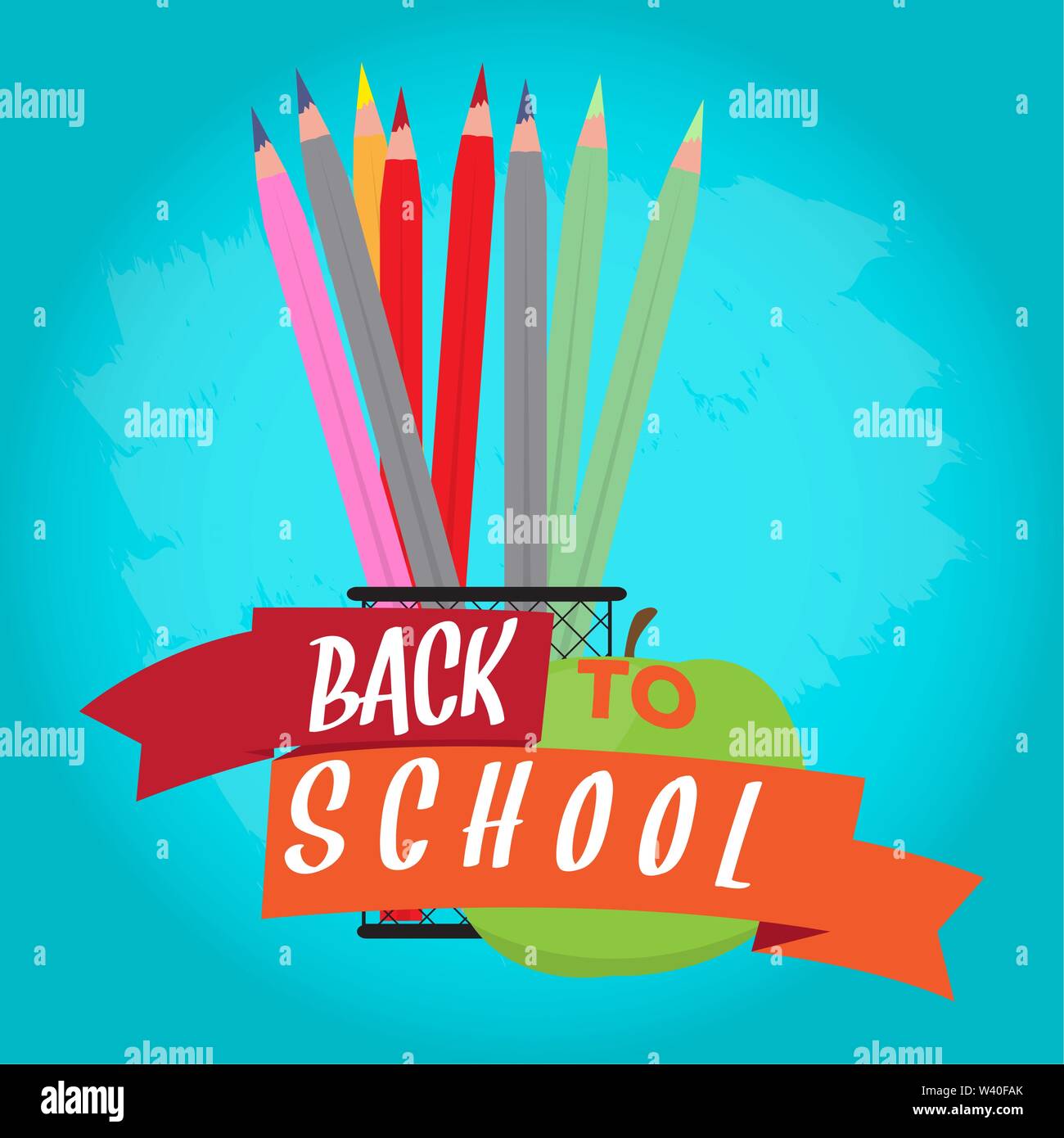 Colored pencils in a basket with an apple. Back to school poster ...