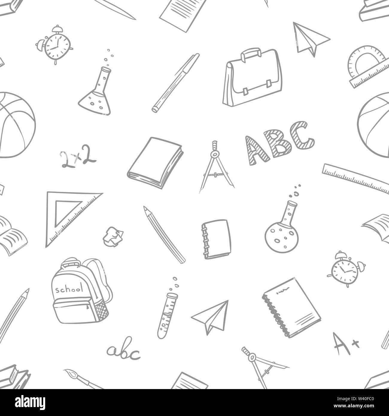 seamless pattern with school elements on return to school the first of september in doodle hand drawing style on white background. Vector illustration Stock Vector