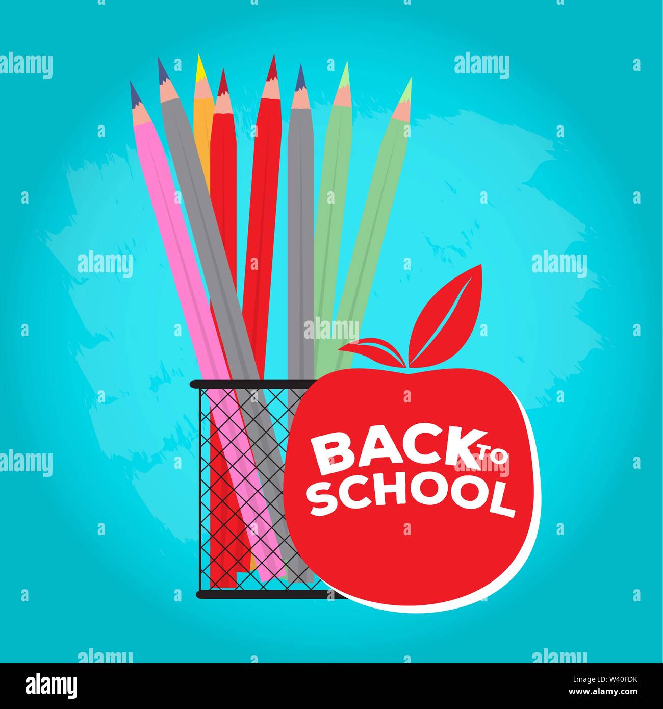 Colored pencils in a basket with an apple. Back to school poster ...