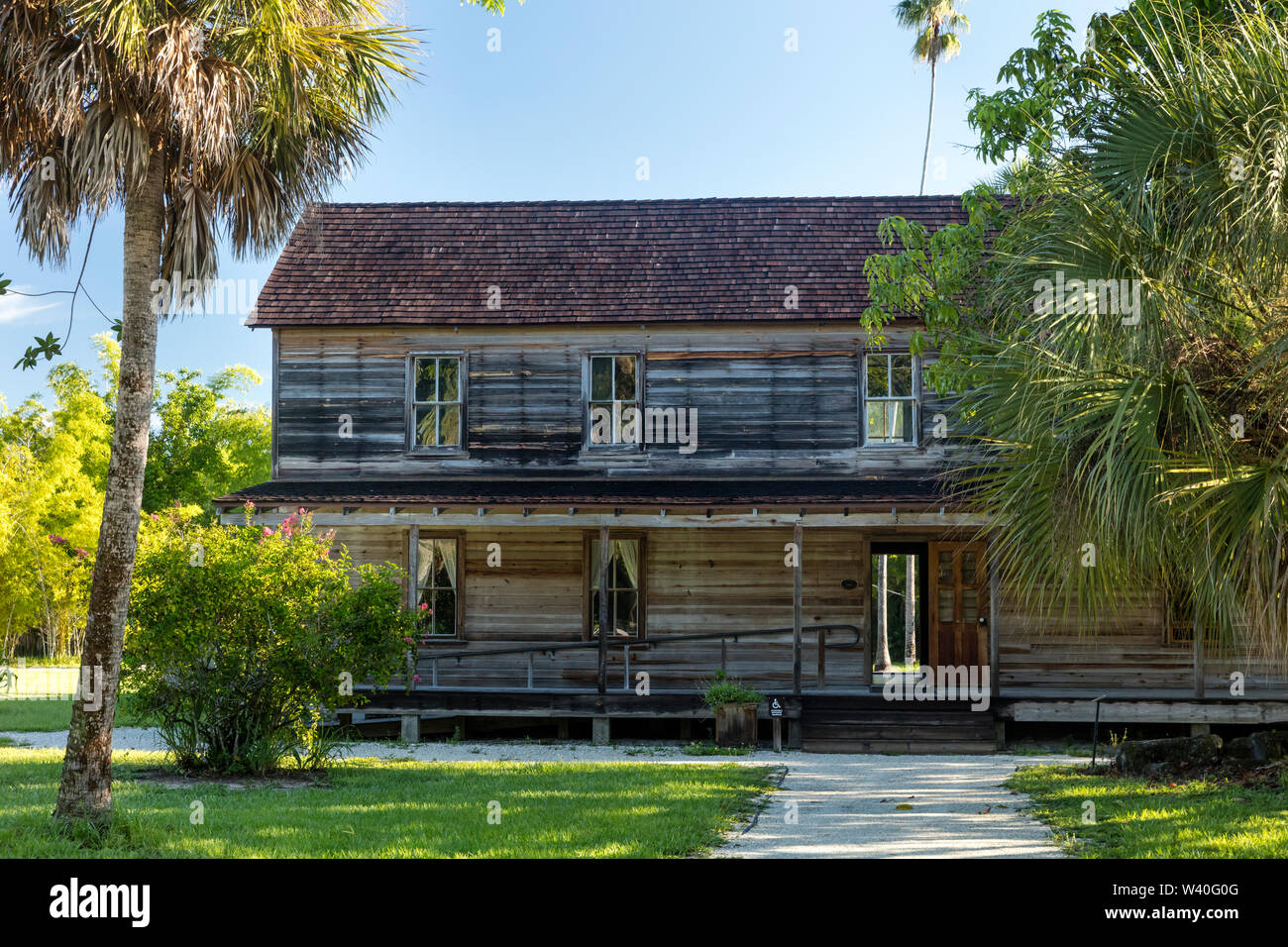 The Founders Home on the grounds of Koreshan Historic Settlement - a 19th Century Utopian Commune, Estero, Florida, USA Stock Photo