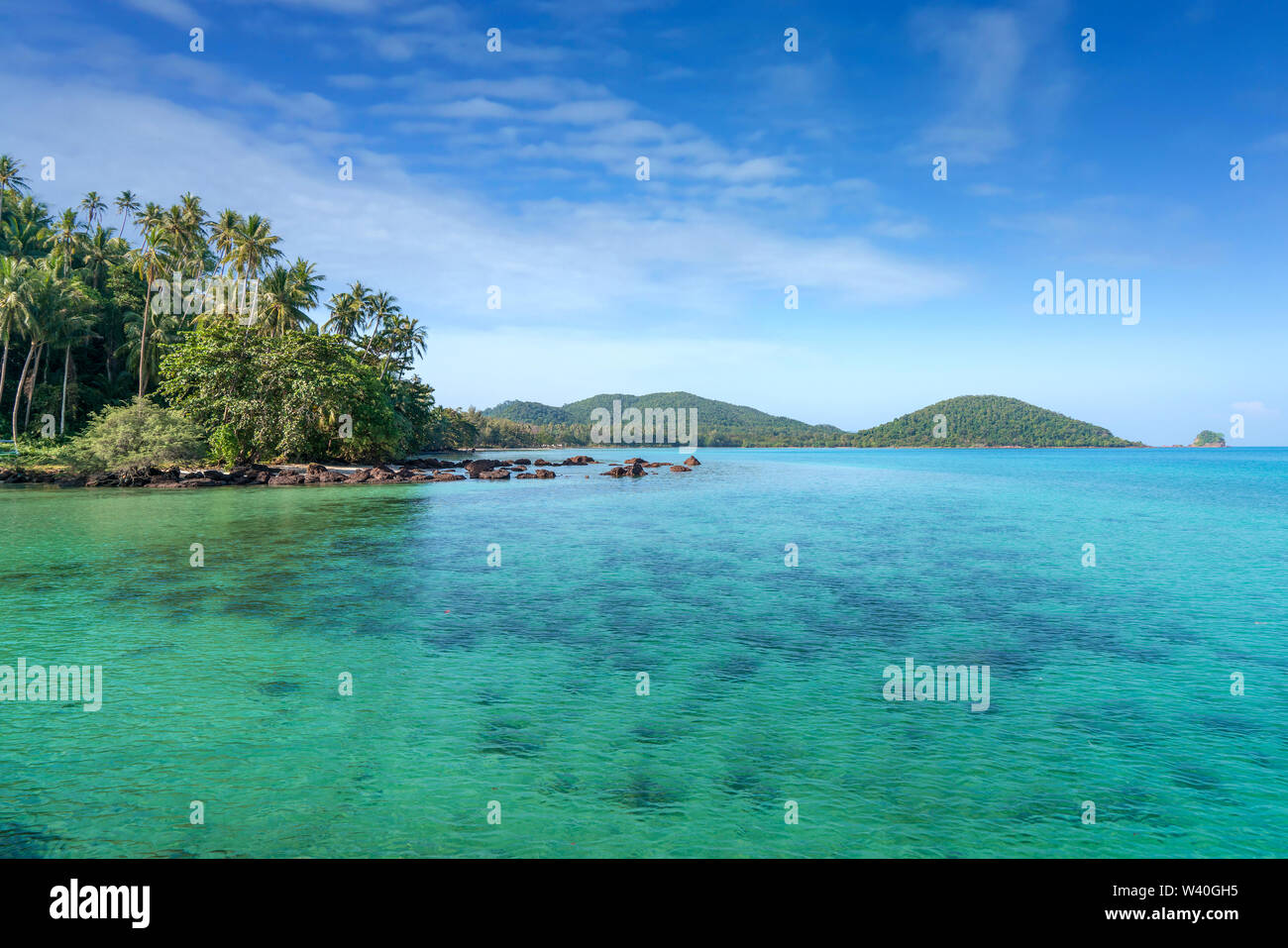 Exotic tropical beach landscape for background or wallpaper. Design of tourism for summer vacation travel holiday destination concept. Stock Photo