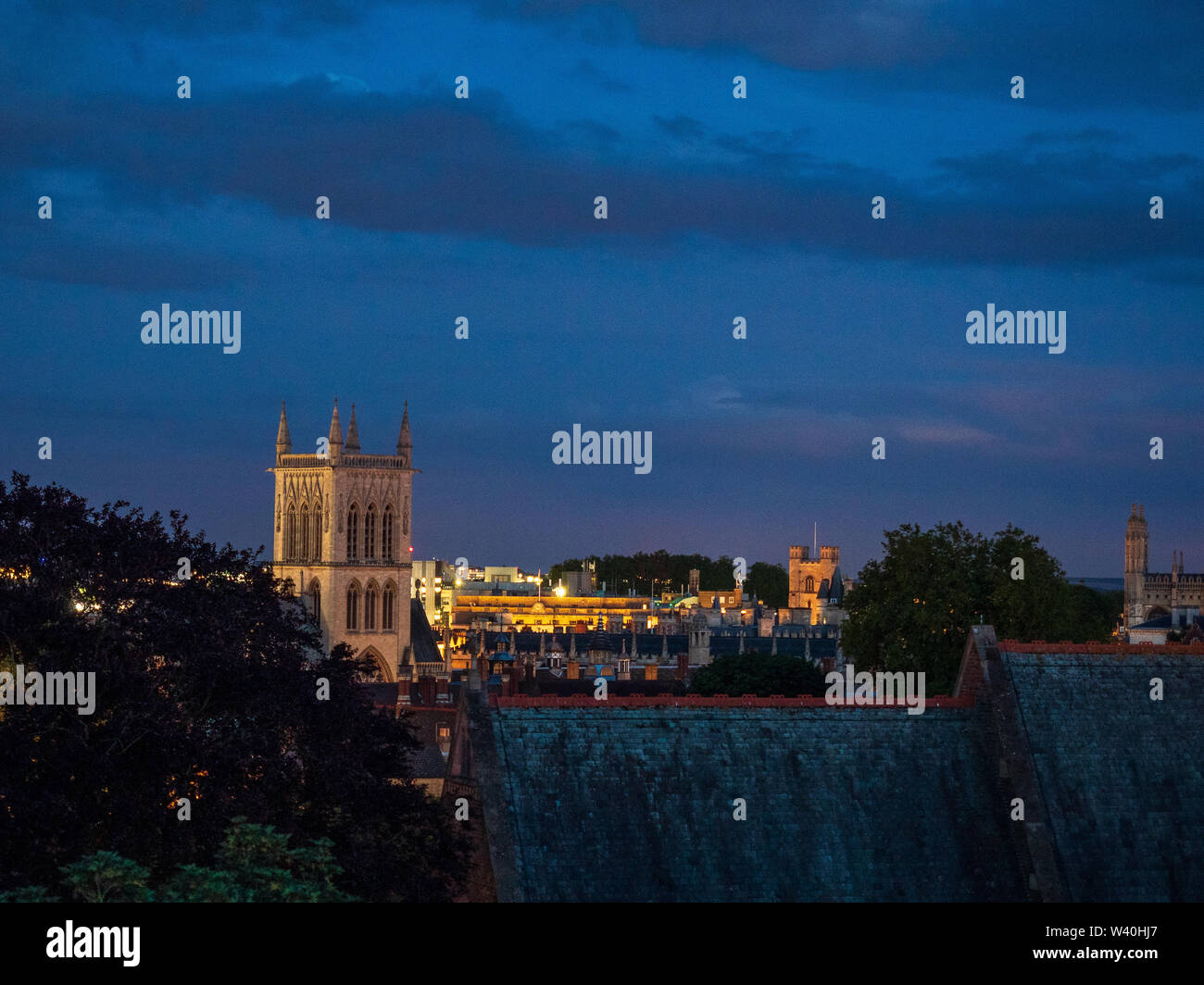 A nightscape of Cambridge, England from Castle Hill, including the tower of Great St Mary's church Stock Photo