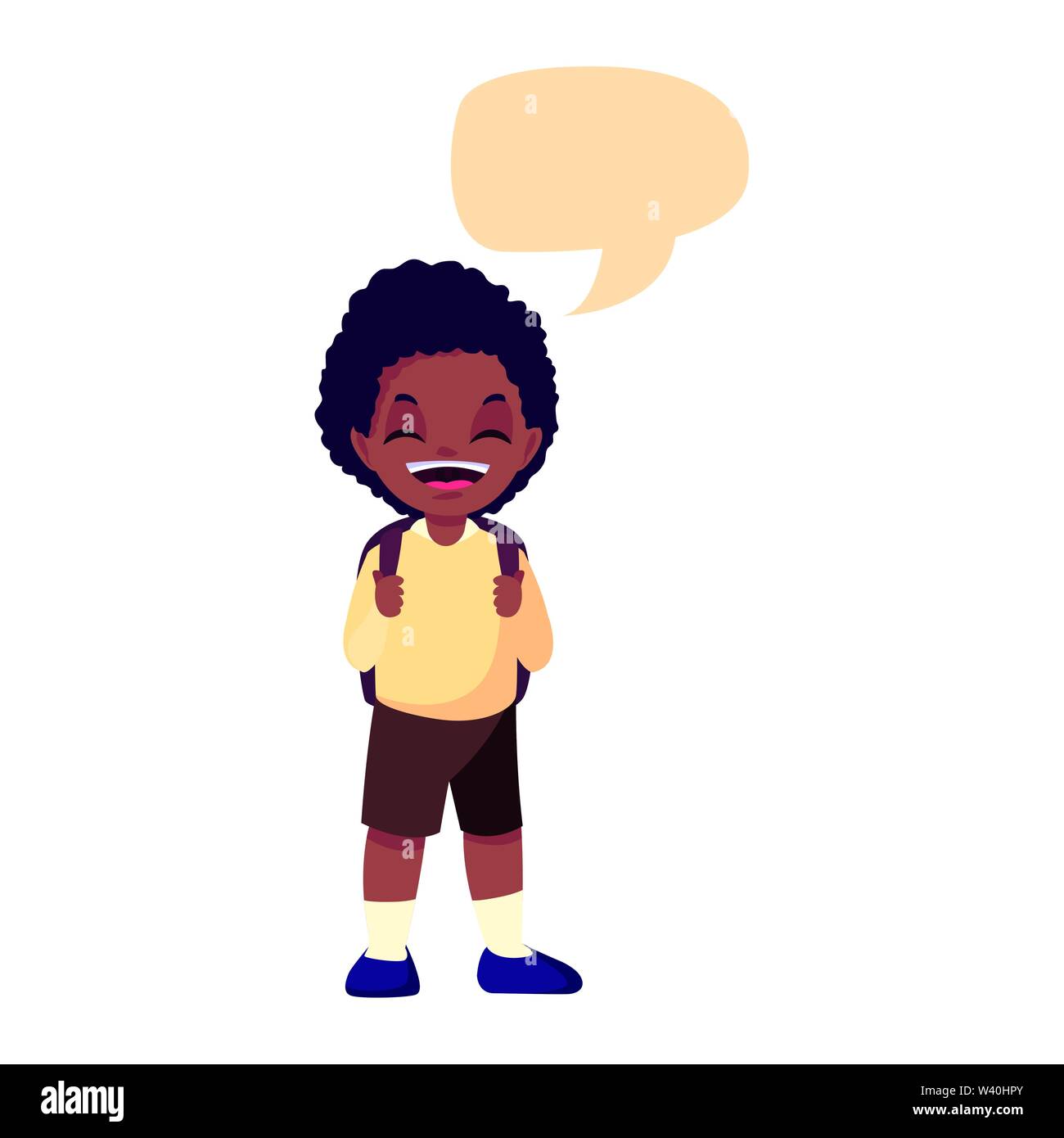 school boy with bag talk bubble white background vector illustration