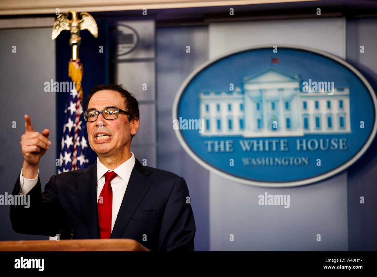 Washington, USA. 15th July, 2019. File photo taken on July 15, 2019 shows U.S. Treasury Secretary Steve Mnuchin speaking during a press briefing at the White House in Washington, DC, the United States. Steven Mnuchin said Thursday that discussions between the White House and Congress on raising the federal debt ceiling have made progress, and that the market shouldn't be concerned about the government defaulting on its payment obligations. Credit: Ting Shen/Xinhua/Alamy Live News Stock Photo