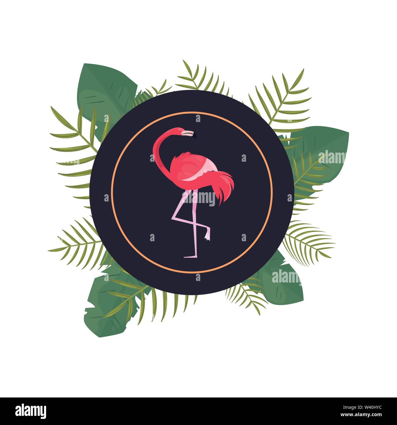 summer time holiday flamingo badge tropical leaves vector illustration ...
