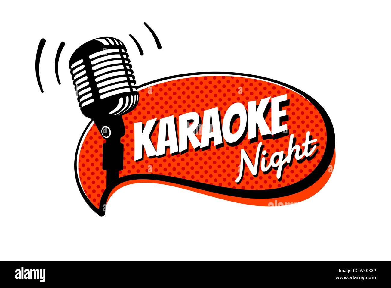 Karaoke night party script on comic strip speech bubble emblem. Stage