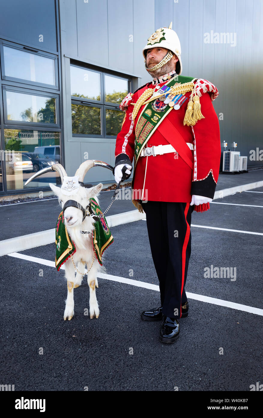 Photograph by © Jamie Callister. Goat Major Jackson and Fusilier Shenkin IV make a special appearance for the Qioptiq Board Visit 14th May 2019 Stock Photo