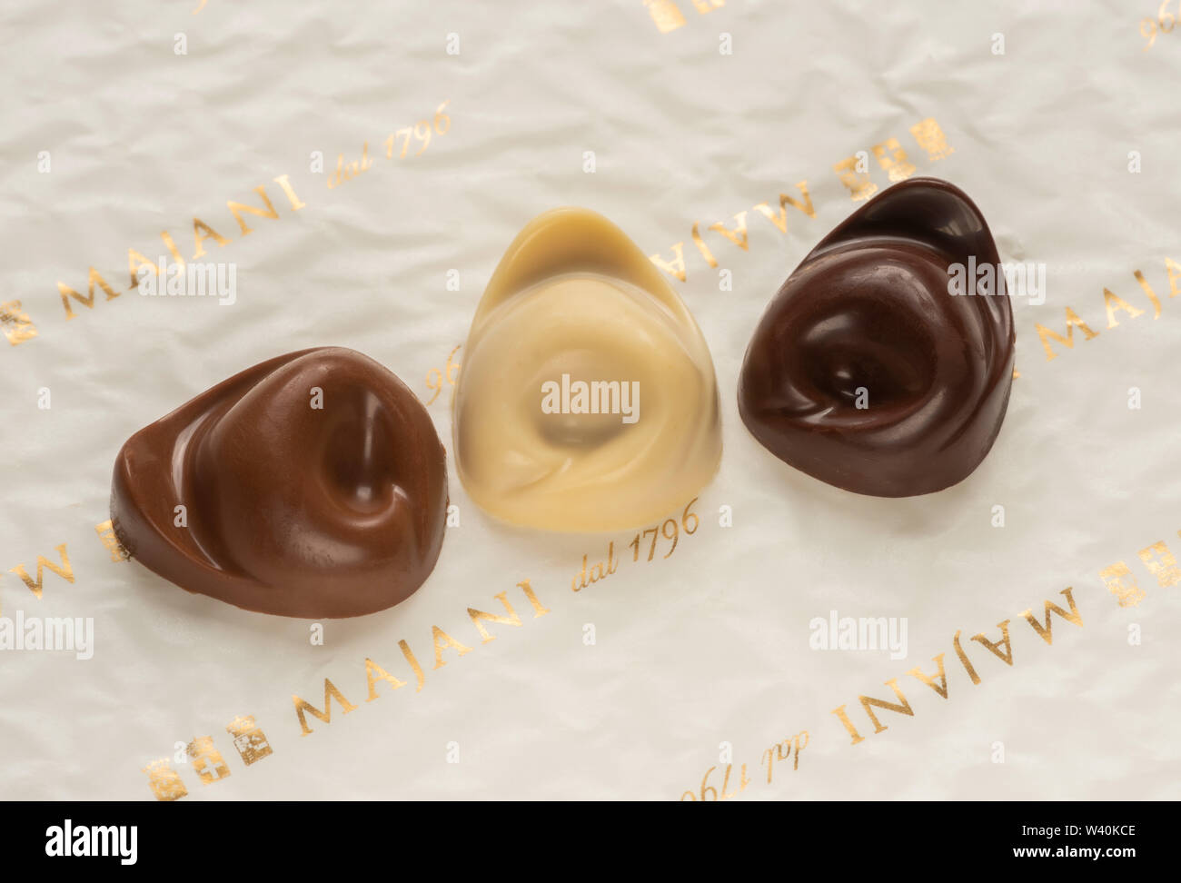 Famous Tortellini filled chocolates from Majani chocolatiers, Bologna, Italy. Stock Photo