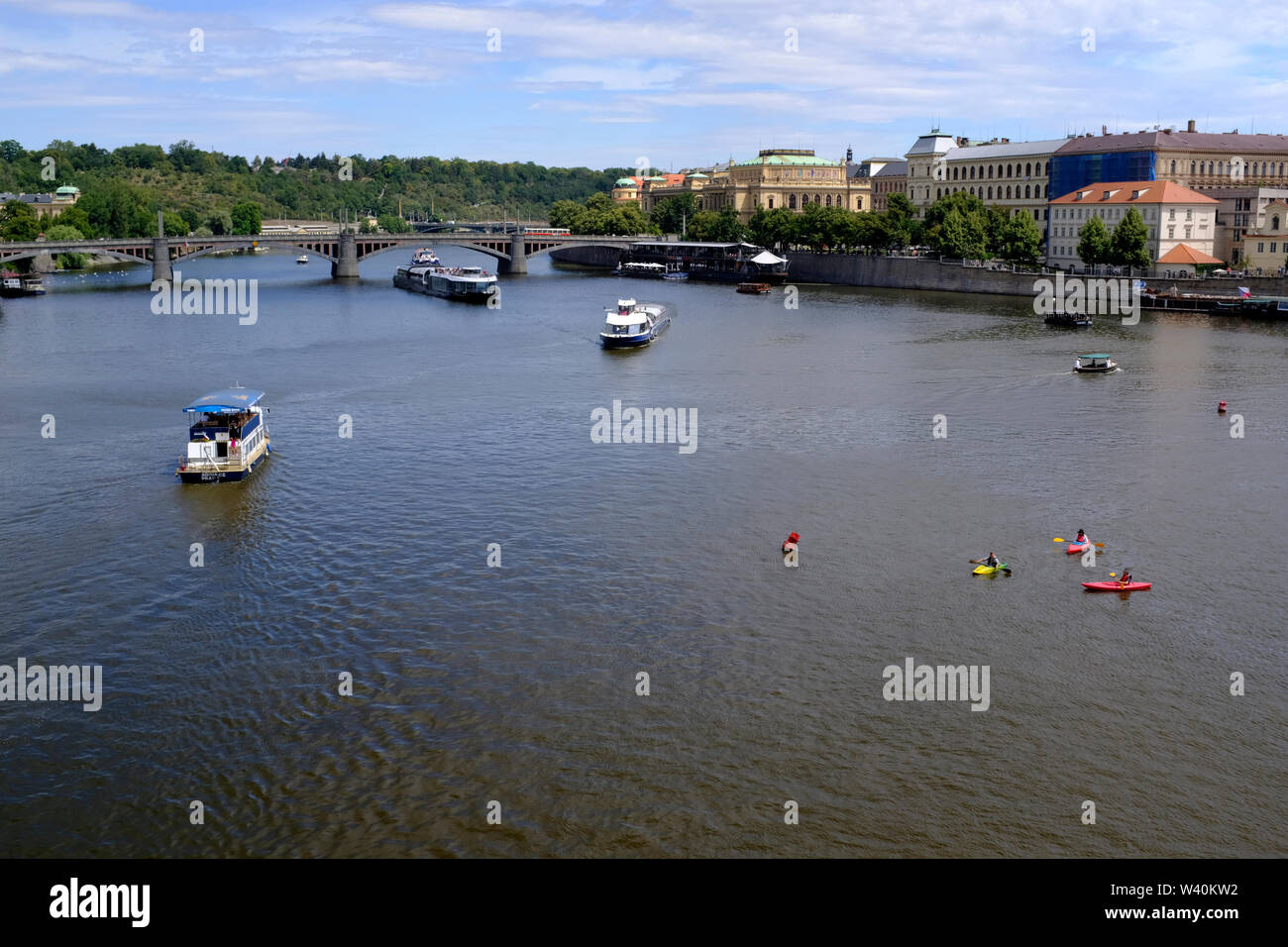 Boat and ship traffic on Vltava River in Prague, Czech Republic Stock Photo