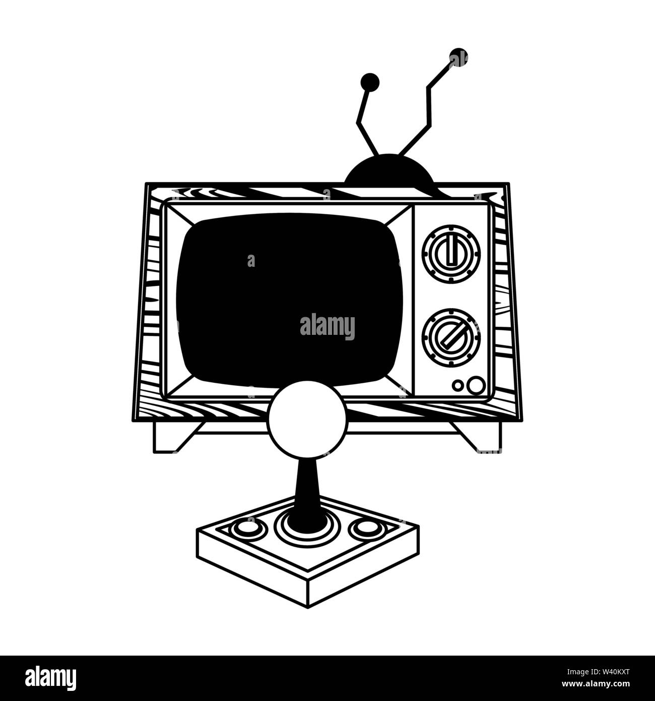 Retro videogame console gamepad with old tv in black and white Stock ...