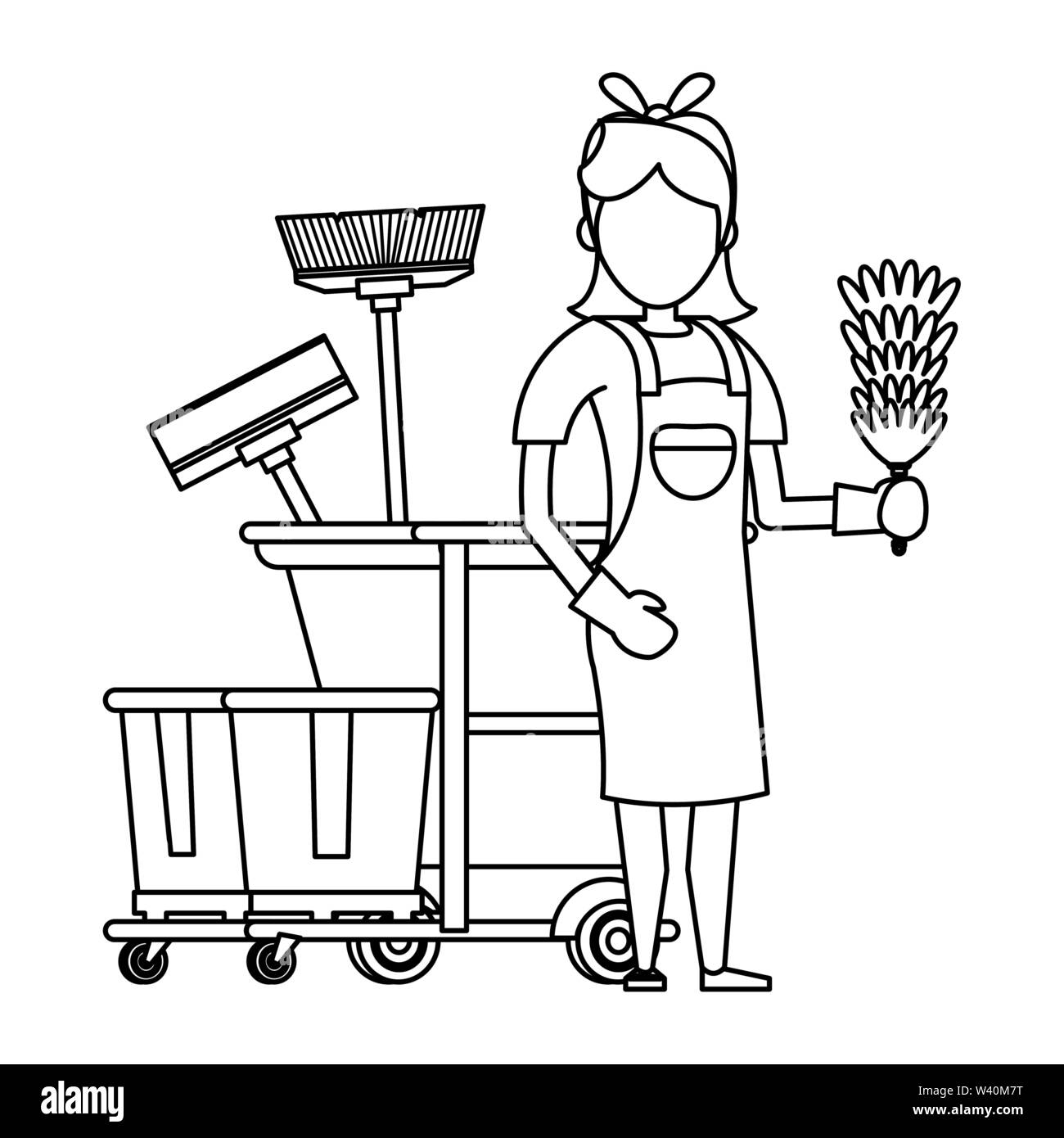 Cleaner worker with cleaning products and equipment in black and white ...