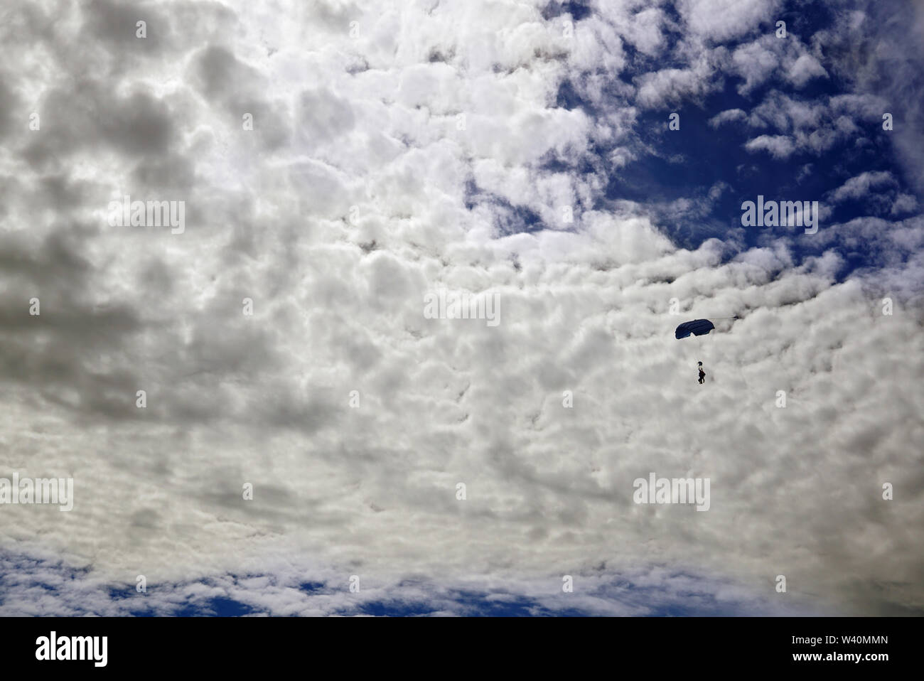 Parachute tandem canopy with skydivers against the gorgeous sky. Tandem is flying opposite beautiful clouds Stock Photo