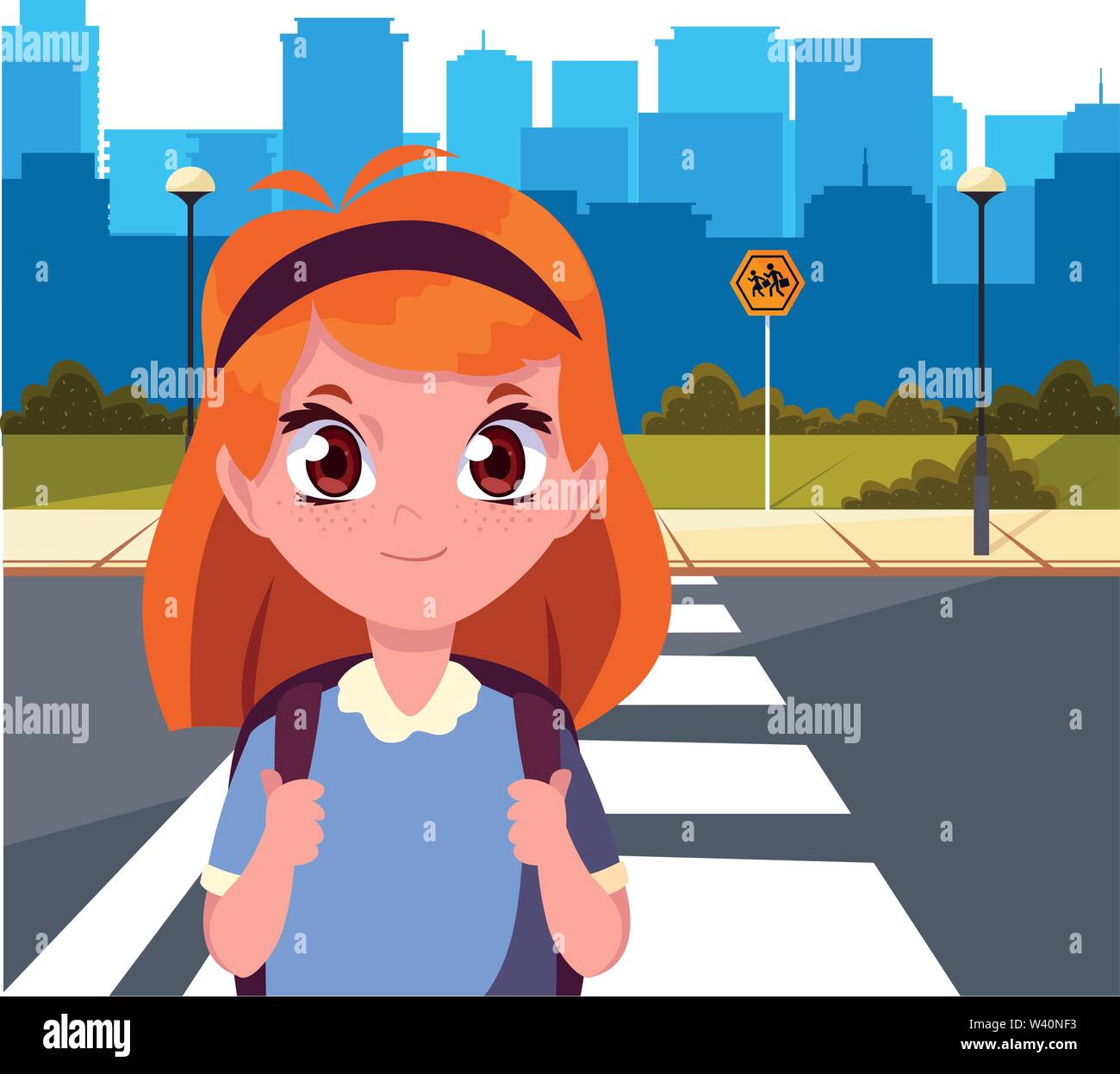 school girl with bag in the city street cityscape background vector ...