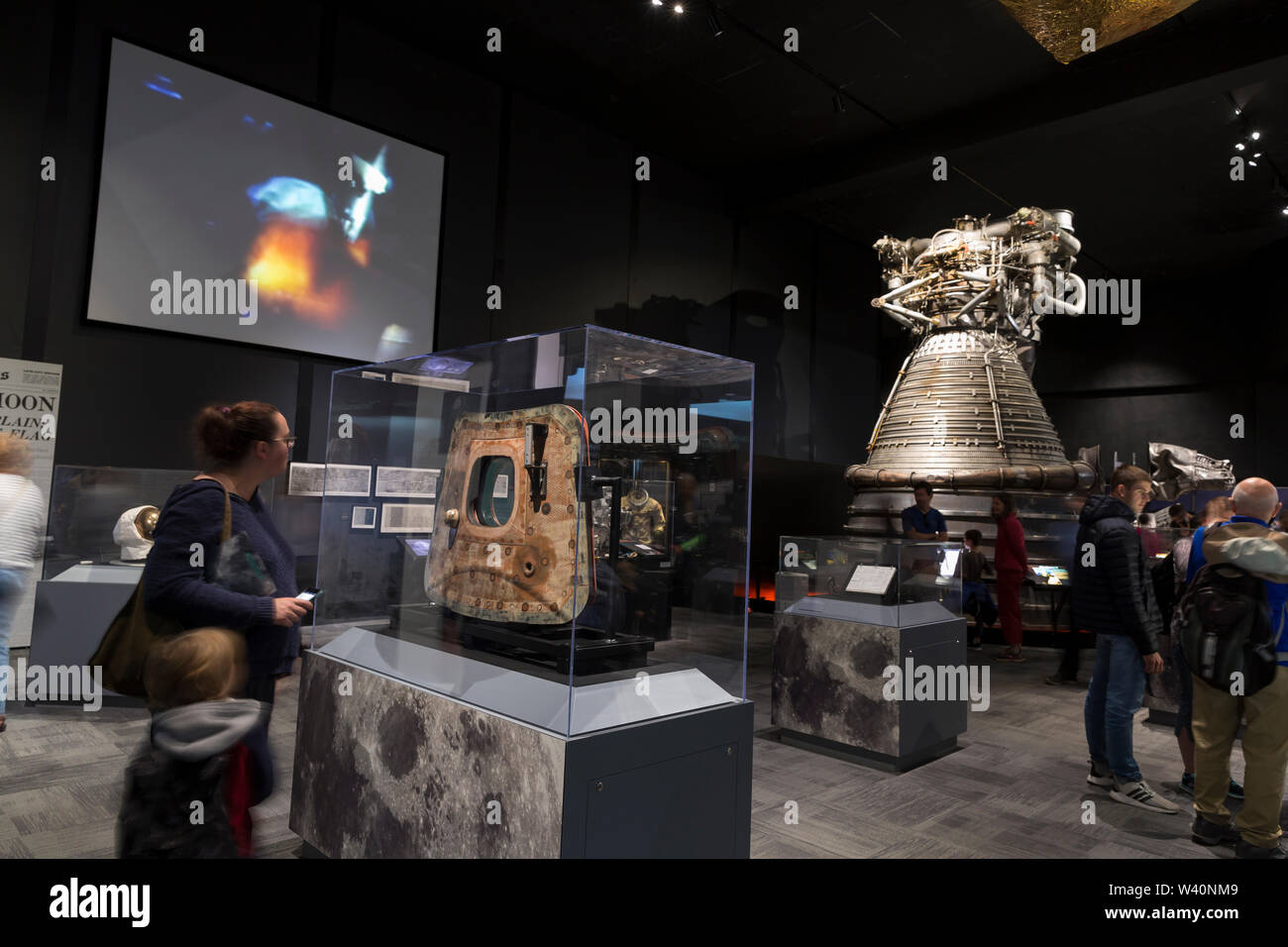 Visitors at the 'Destination Moon' exhibit at The Museum of Flight in Seattle, Washington on July 18, 2019. The exhibition, presented in partnership with the Smithsonian Institution, celebrates the Apollo 11 Mission during the 50th anniversary of the landmark moon landing. Stock Photo