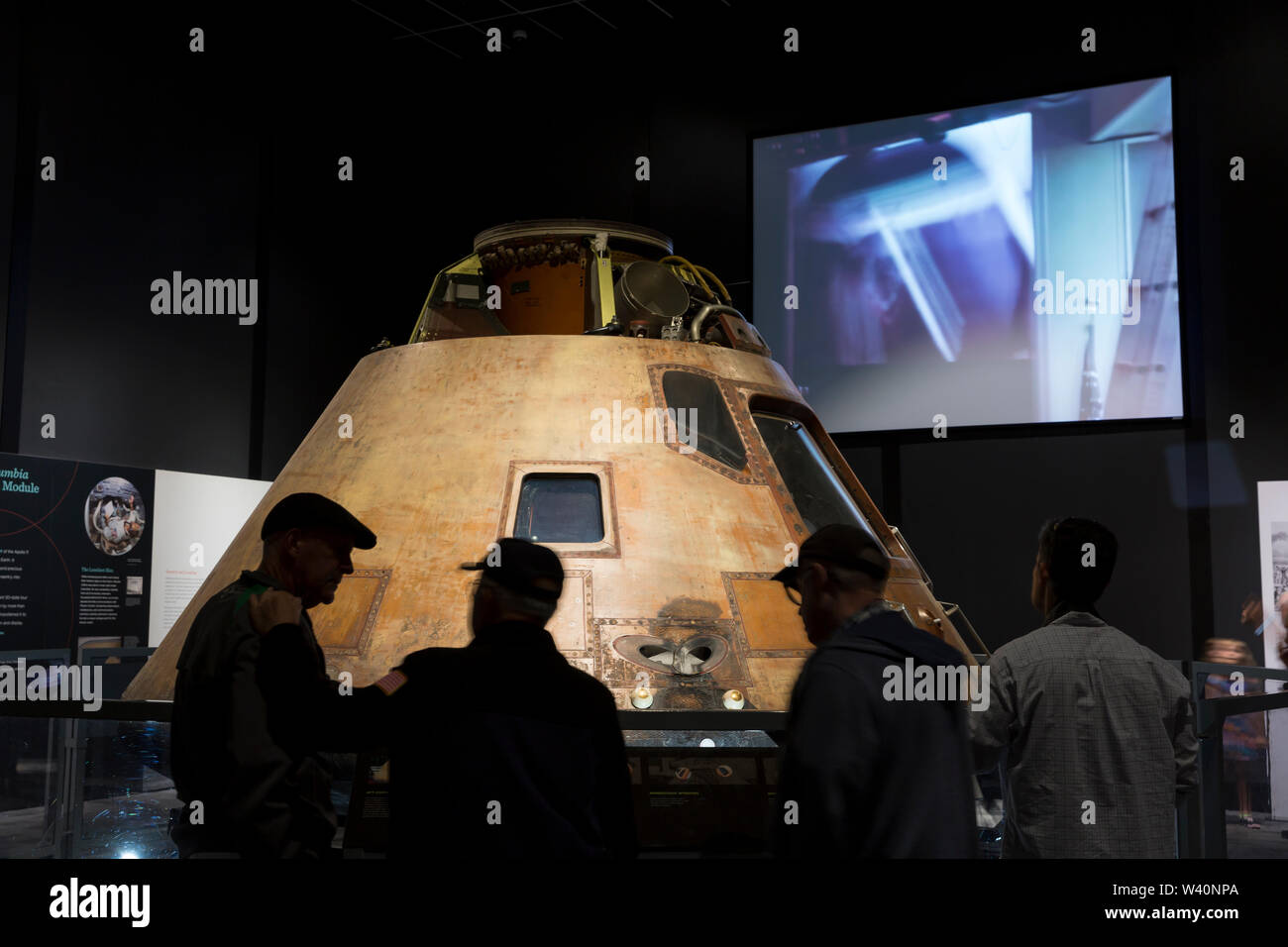The Command Module Columbia on display during the 'Destination Moon' exhibit at The Museum of Flight in Seattle, Washington on July 18, 2019. The exhibition, presented in partnership with the Smithsonian Institution, celebrates the Apollo 11 Mission during the 50th anniversary of the landmark moon landing. Stock Photo