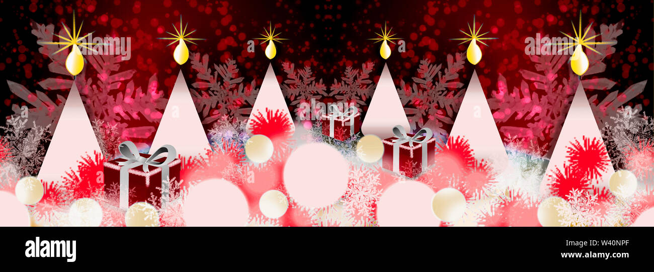 White candles on red background with snowflakes and christmas presents Stock Photo