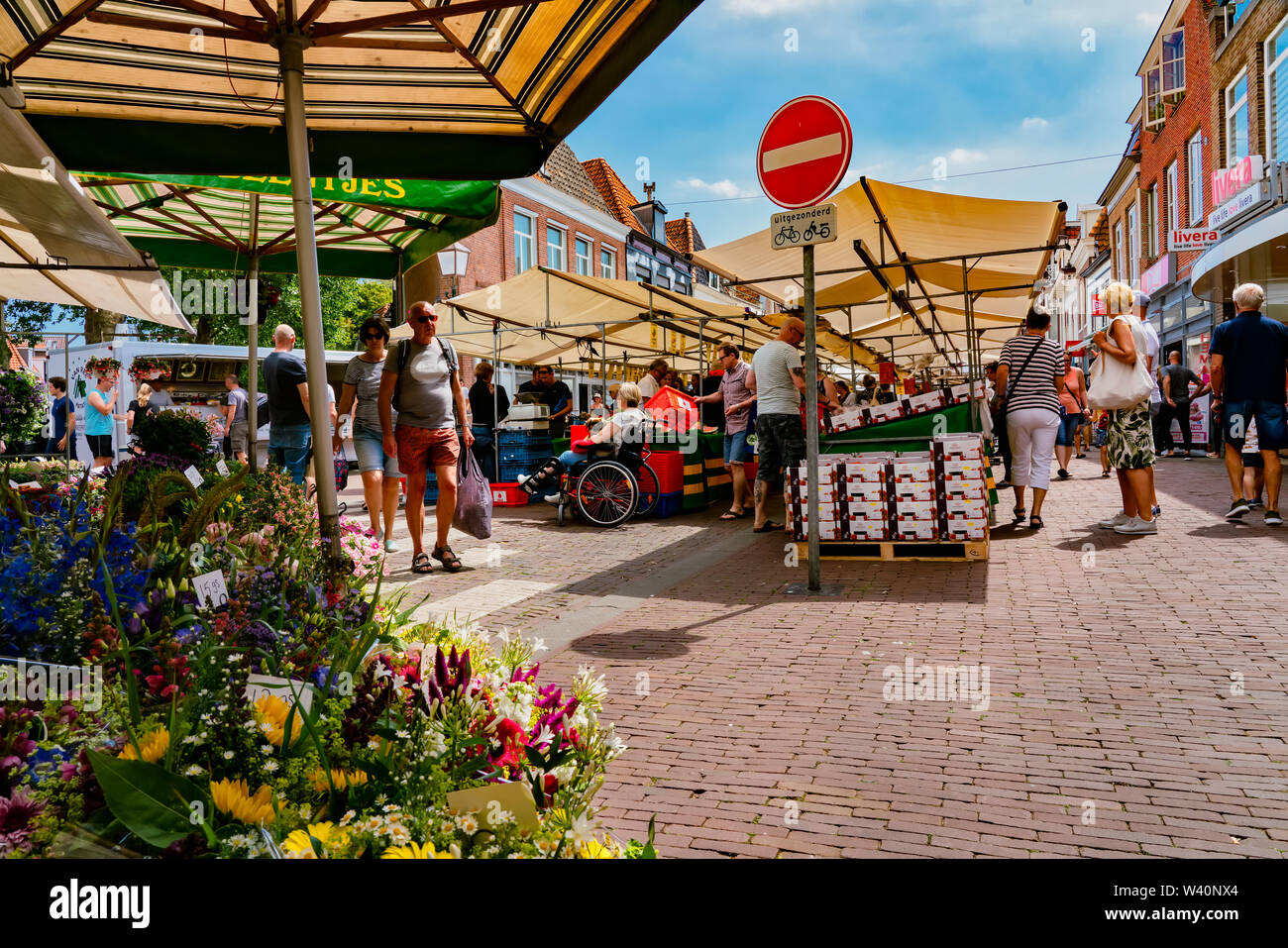 Every Saturday there is a weekly market with more than 50 stalls, located in the charming town center of Hoorn, Netherlands Stock Photo