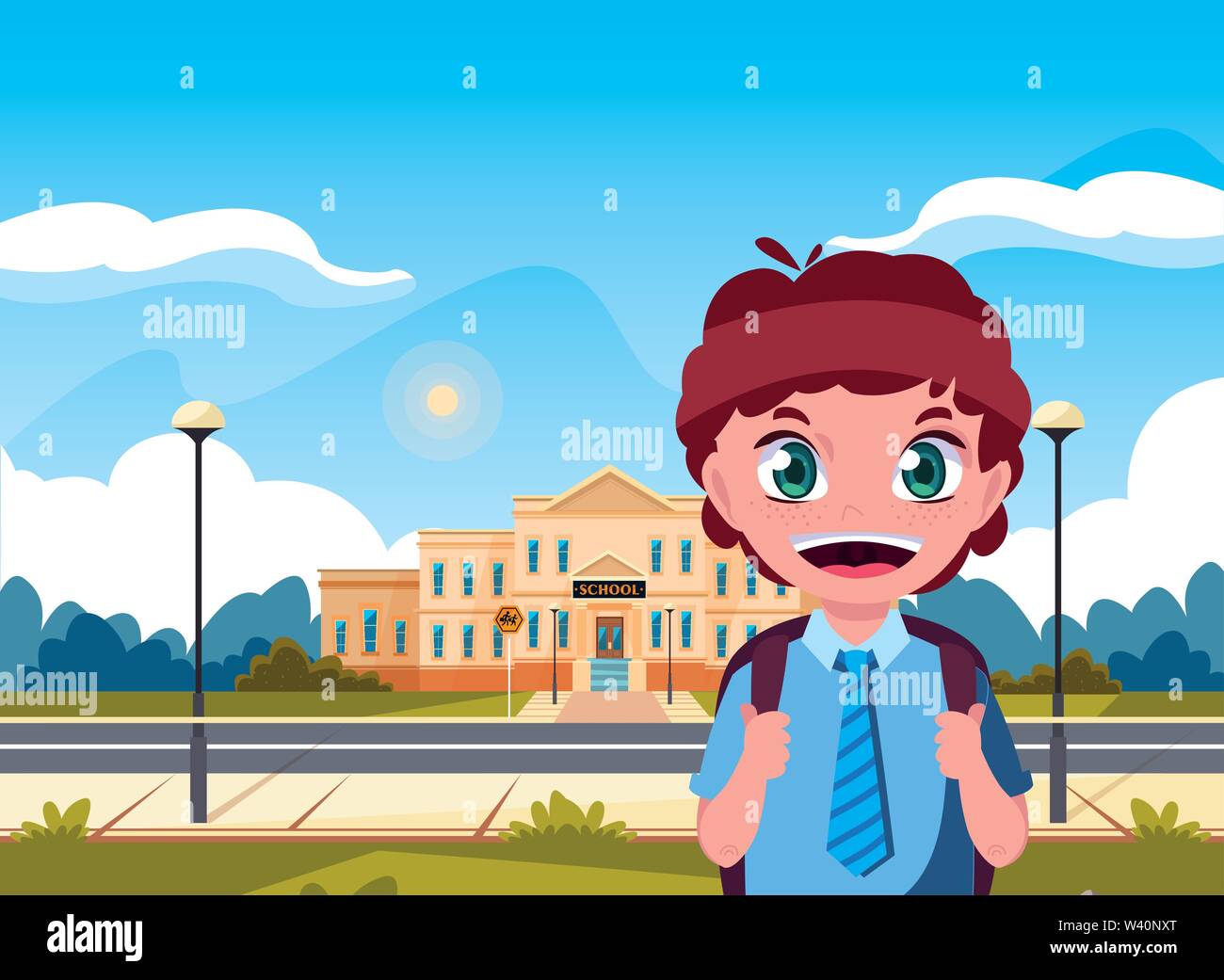 student boy school building street vector illustration Stock Vector ...