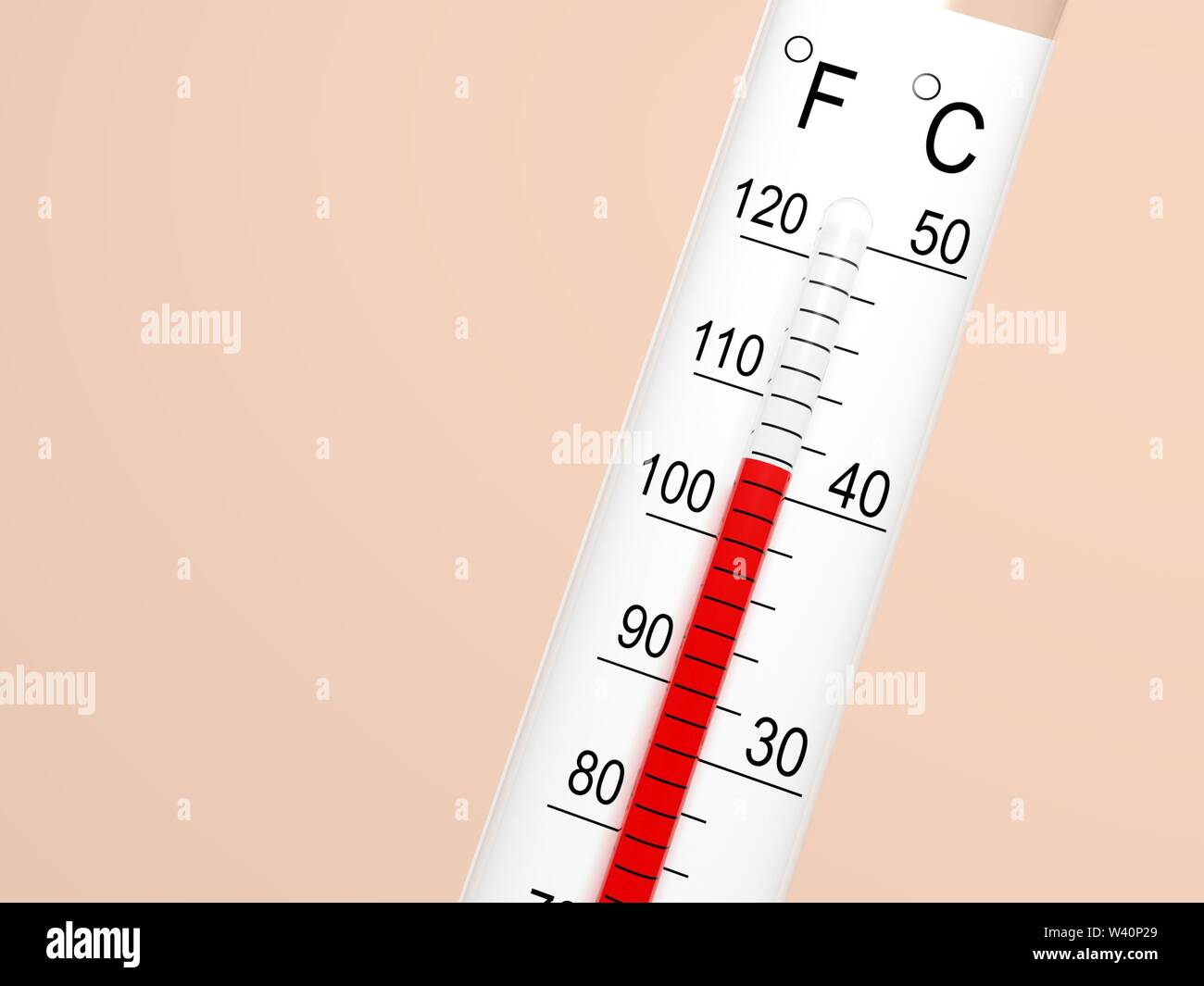 Thermometer shows above 40 degrees. Hot. Celsius and Fahrenheit. 3d illustration Stock Photo