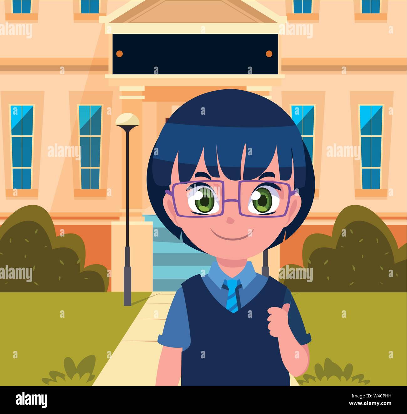 student boy school building street vector illustration Stock Vector ...