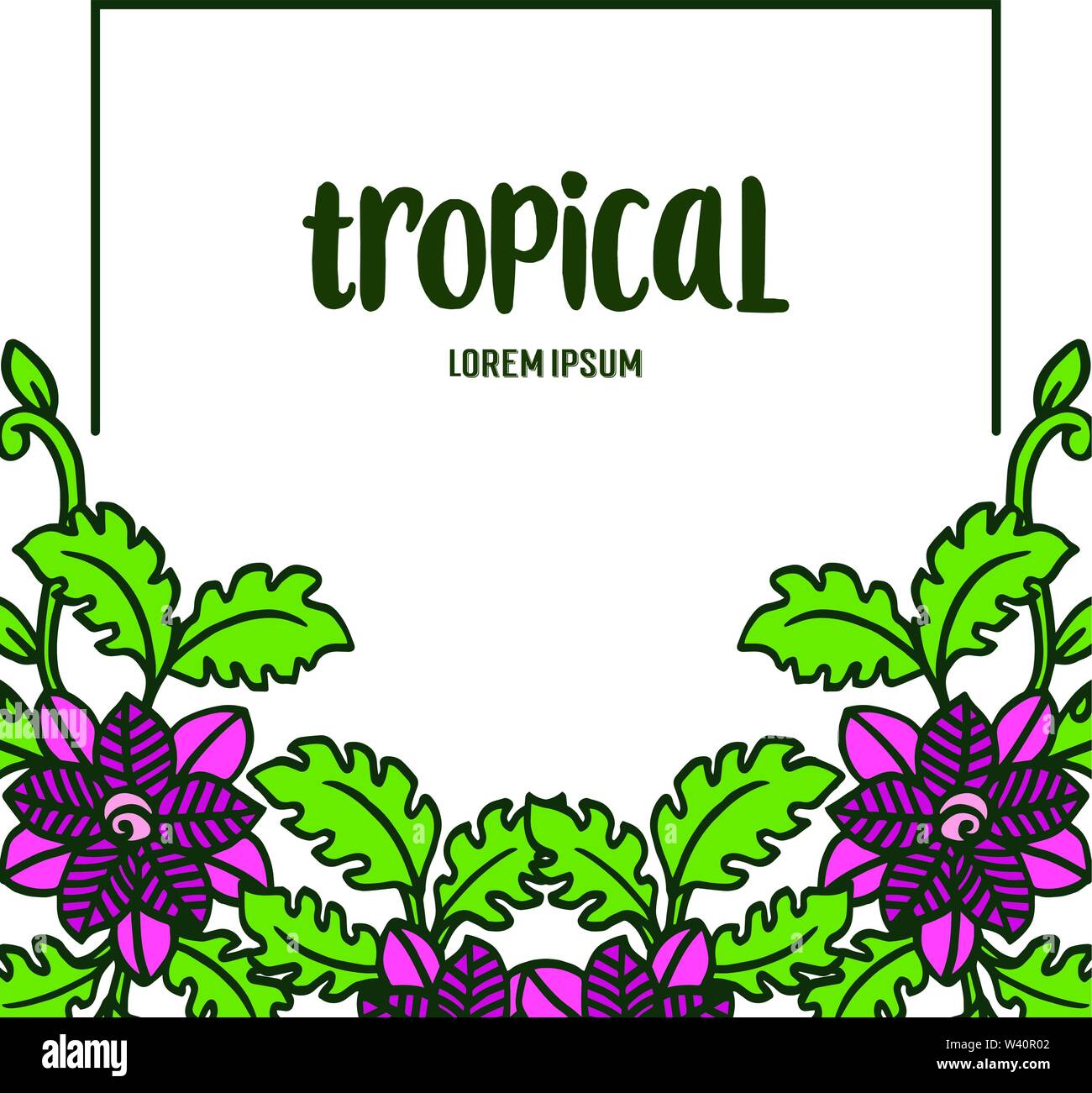 Floral frame and green leaves for card of summer tropical. Vector ...