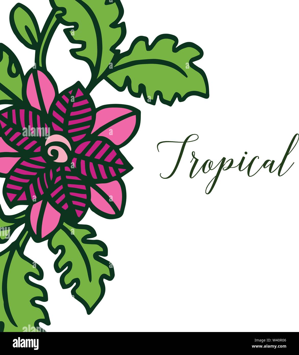 Floral frame and green leaves for card of summer tropical. Vector ...