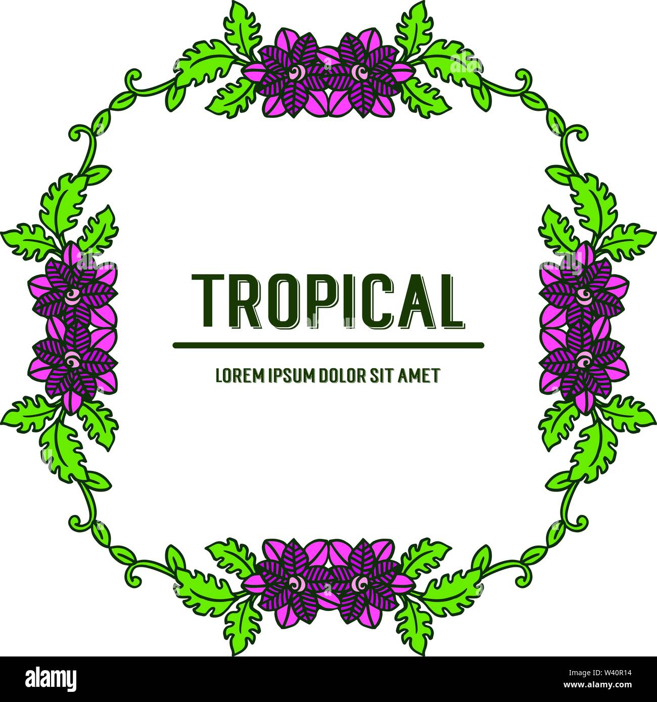Floral frame and green leaves for card of summer tropical. Vector ...