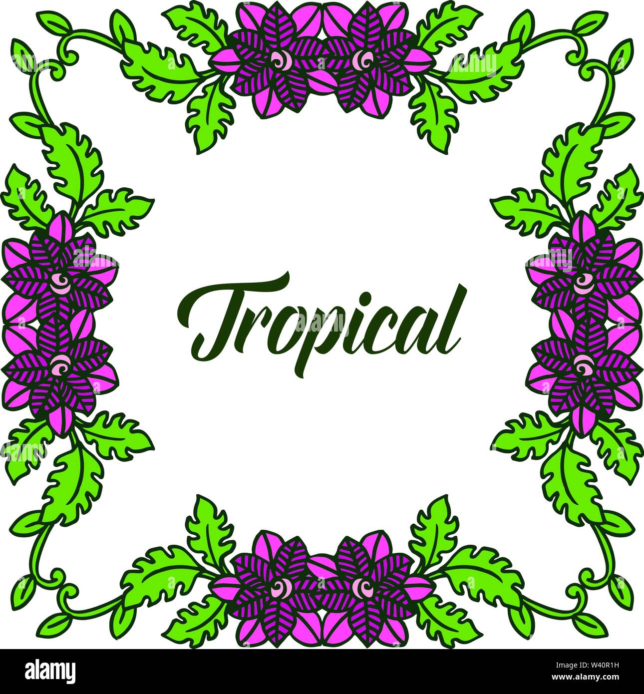 Floral frame and green leaves for card of summer tropical. Vector ...
