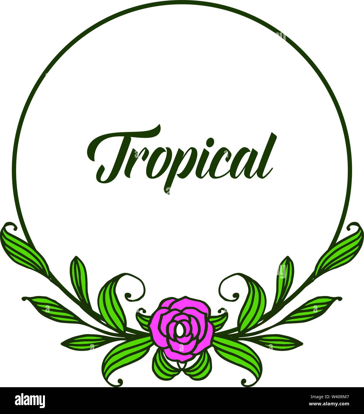 Rose pink flower frame and green leaves blooms, card shape tropical ...