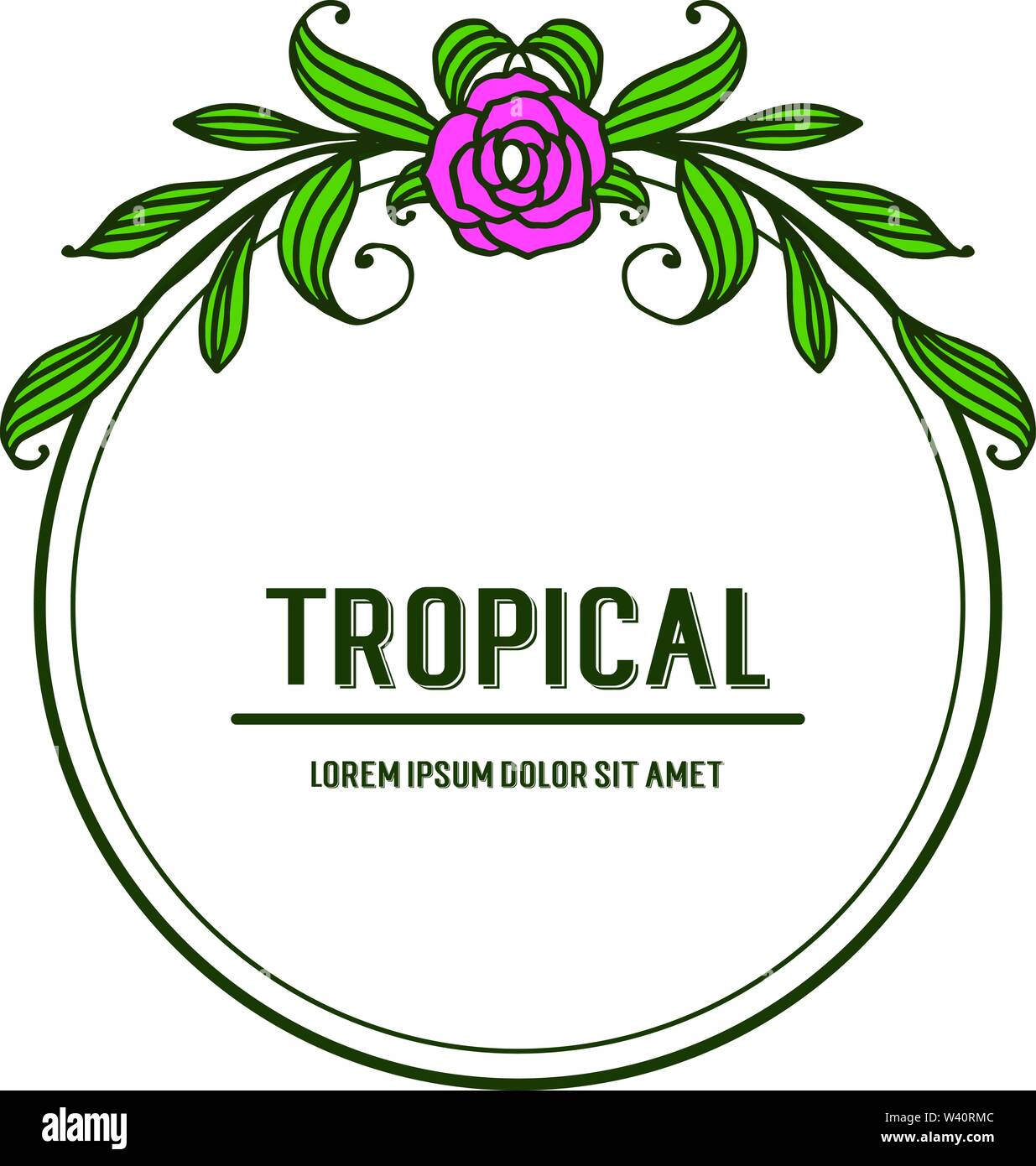 Rose pink flower frame and green leaves blooms, card shape tropical ...