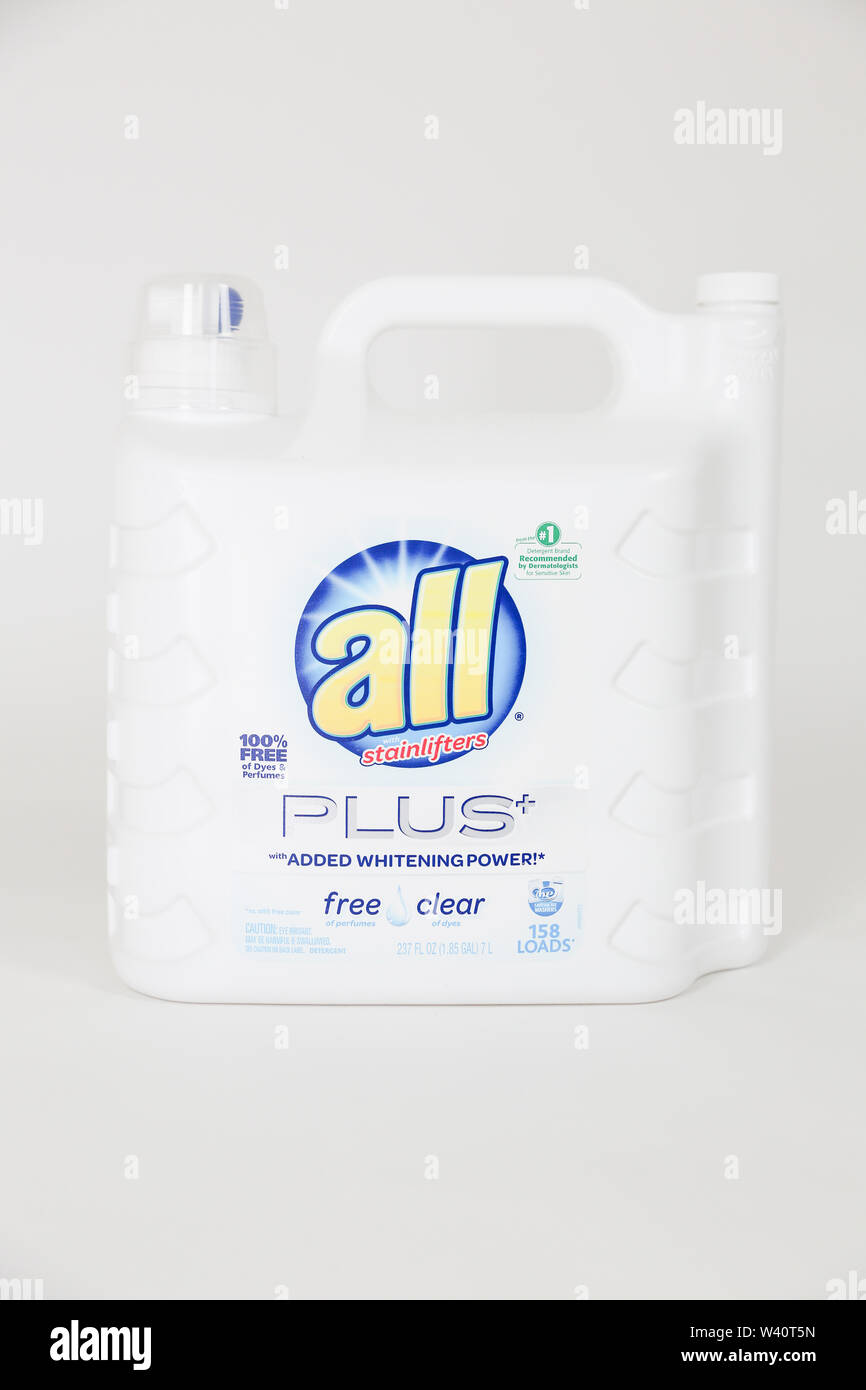 Princeton, NJ, USA. July 15, 2019: All Ultra Plus Free & Clear Liquid Laundry Detergent 237 fl. oz, 158 Loads -Image Stock Photo