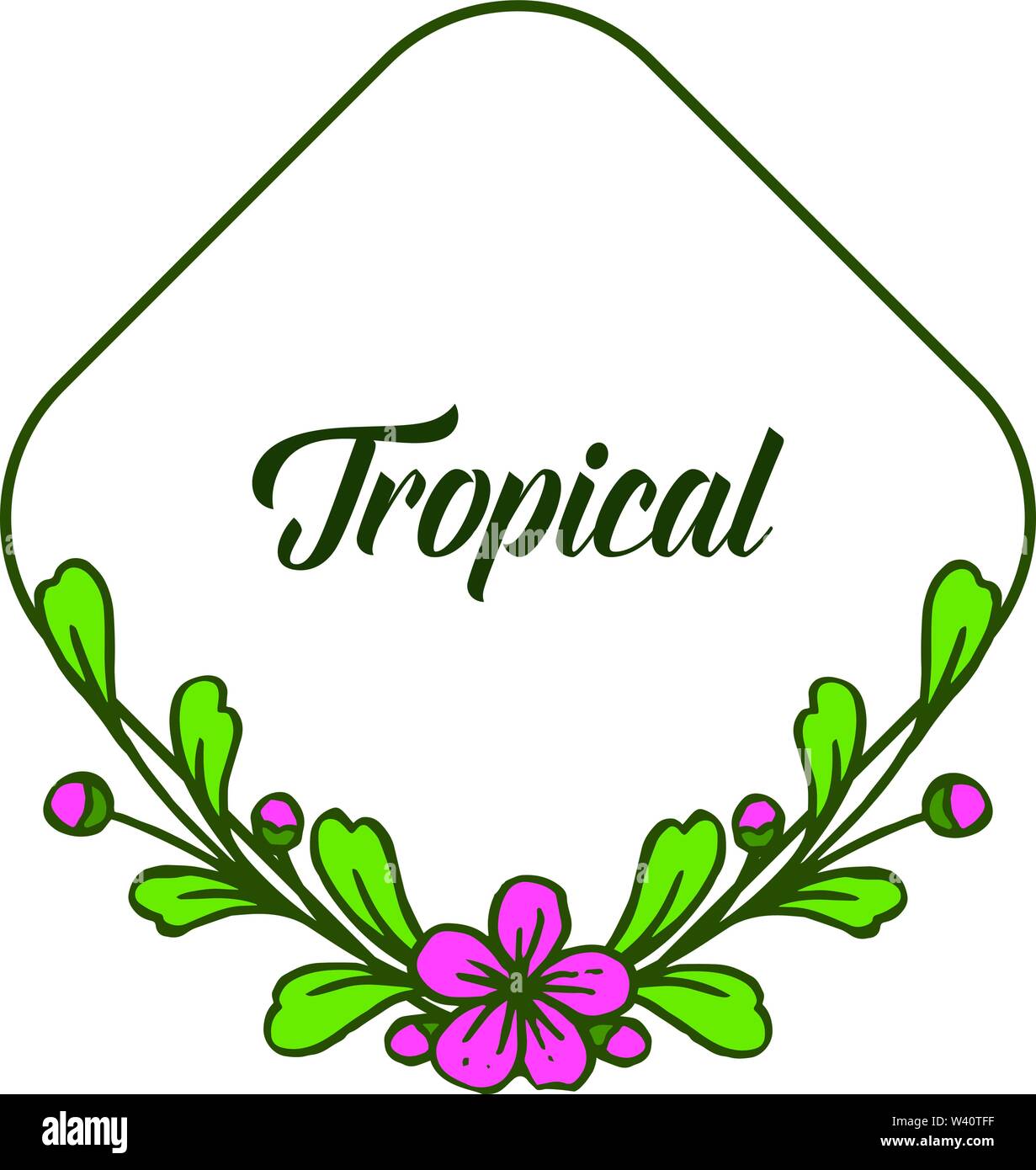 Space for text, beautiful green leaves and pink flower frame with