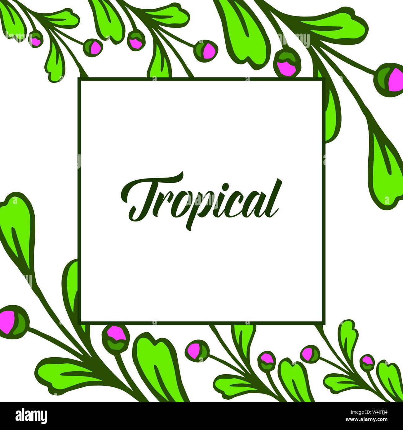 Card decoration of summer tropical, green leafy floral frame blooms and ...