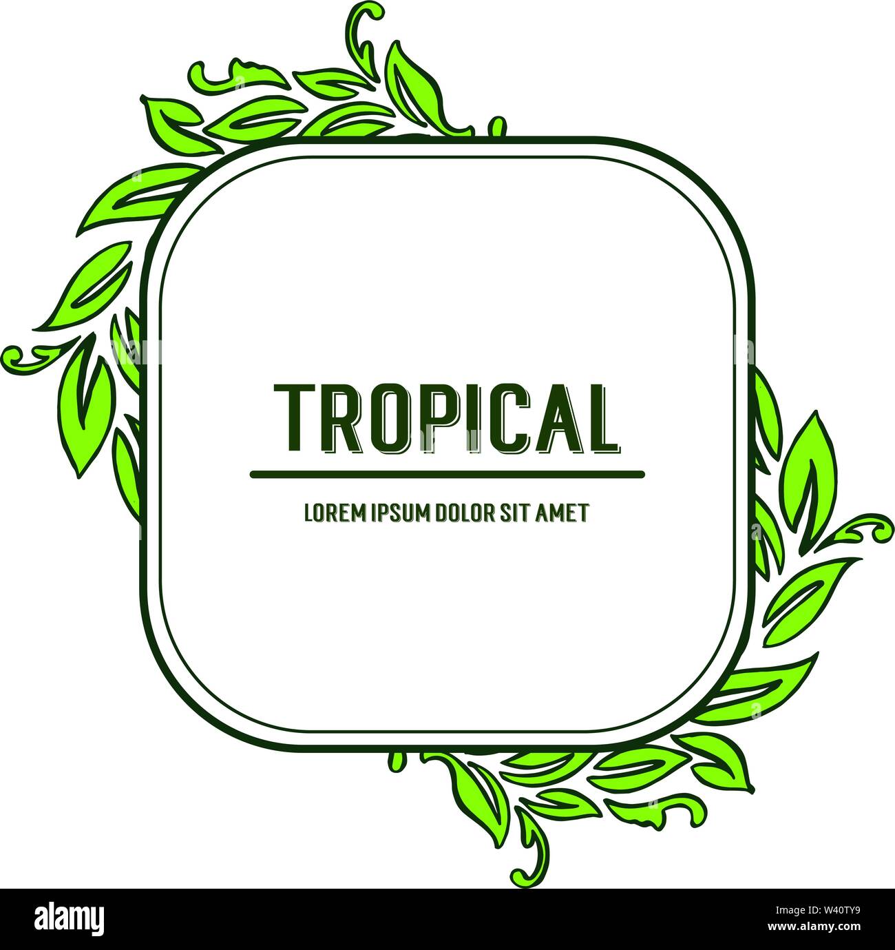 Lettering of summer tropical with pattern art of green leaves frame ...