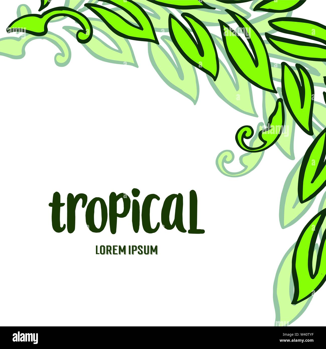 Greeting card tropical with bright green leaf frame, on white ...