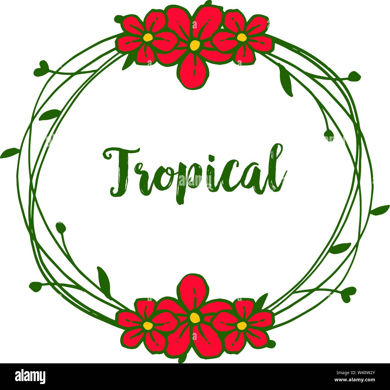 Tropical with place for your text, red floral frame and leaves round ...